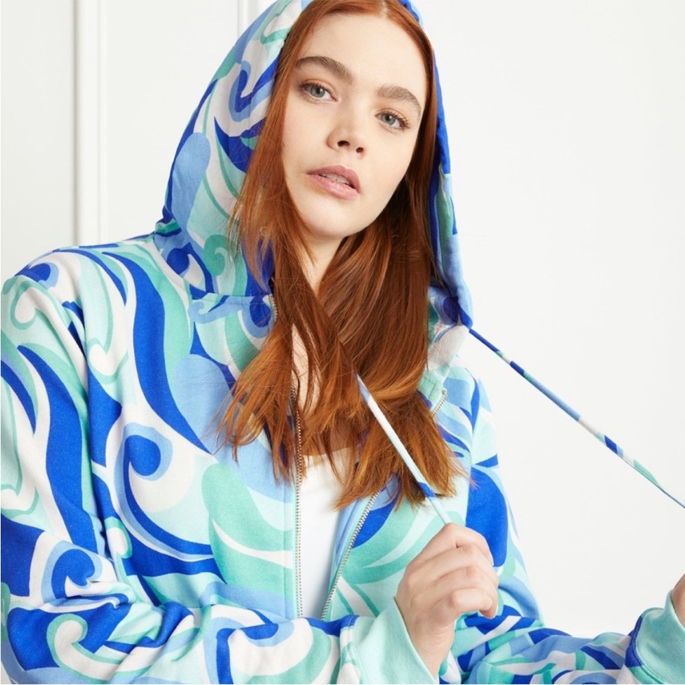 NWT Hill House The Allie Zip-Up Hoodie Sweatshirt Ocean Kaleidoscope Retro